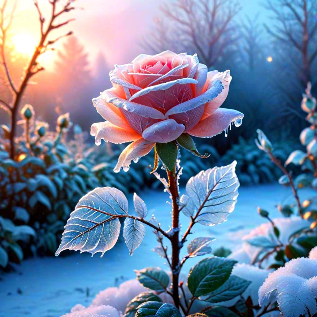 Intricate Ice Rose Sculpture at Winter Dawn