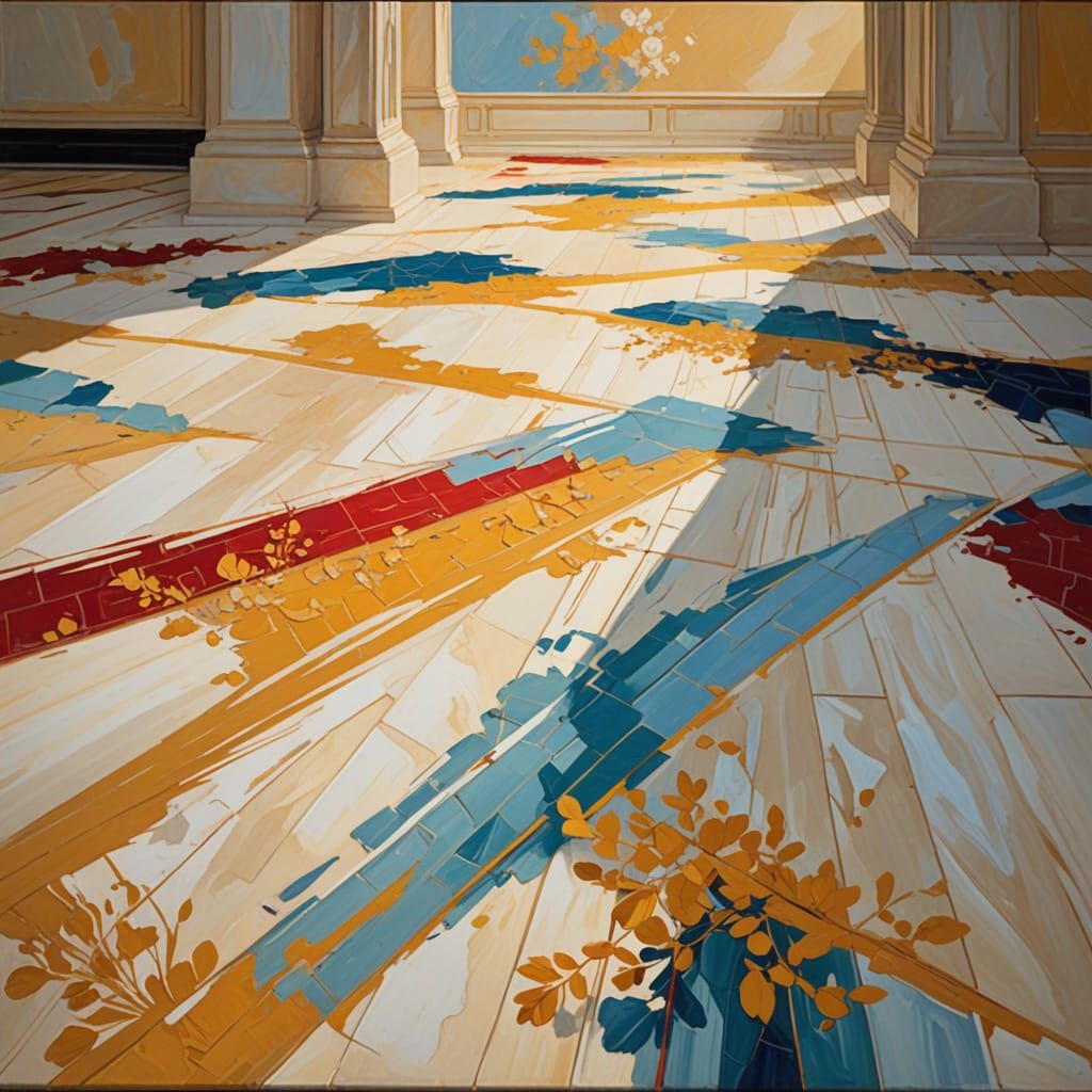 Floral Abstraction: Empty Marble Hall with Shifting Sand Flo...