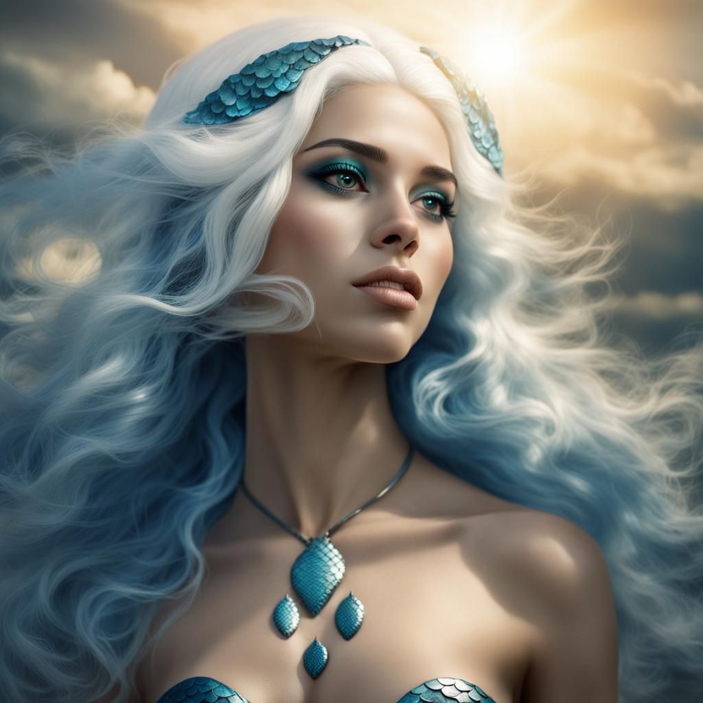 Mexican Mermaid with Blue Scales in Divine Light