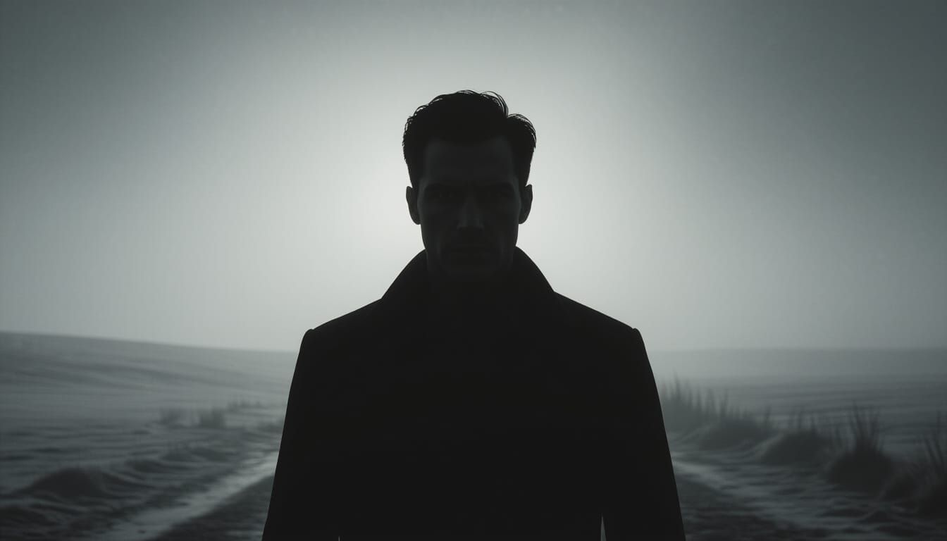 Shadowy Figure in Desolate Landscape - Cinematic Film Still