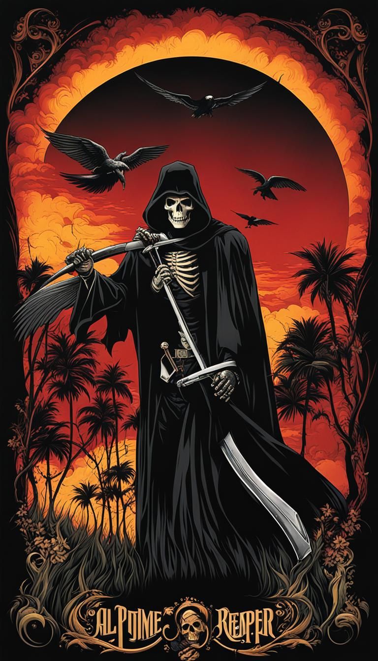 Surreal Reaper in Field of Flowers