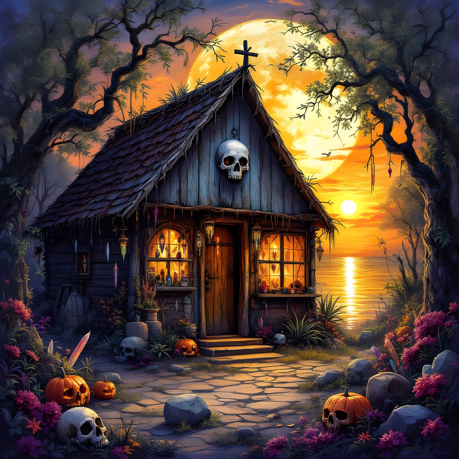 Halloween Voodoo Hut in Gouache Style