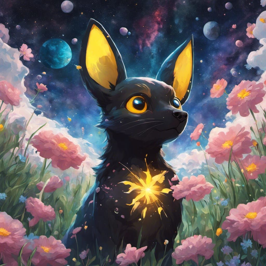 Umbreon Portrait in Cosmic Field, Hyperrealistic Splash Art