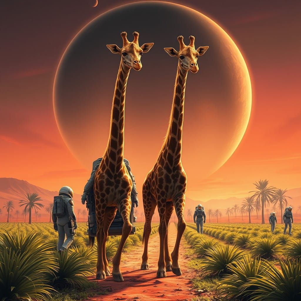 Surreal Giraffe Family Lands on Alien Planet in Vibrant, Ear...