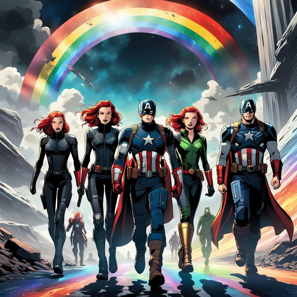 Avengers on Bifrost Bridge in Anime Style