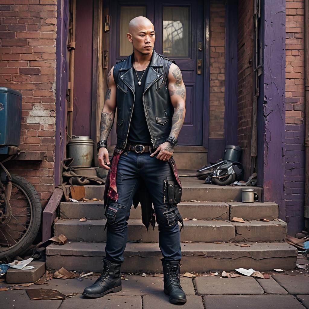 Athletic Man with Tattoos on Rundown Stoop
