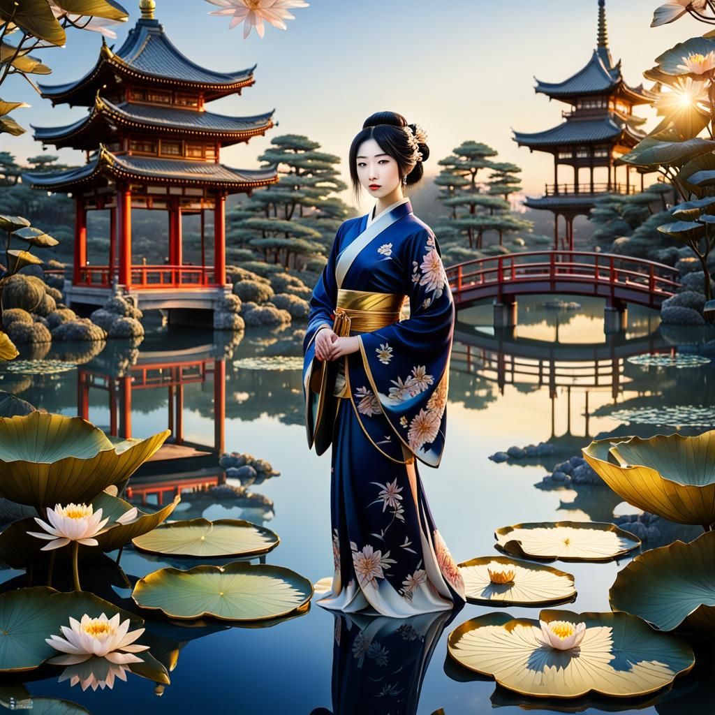 Gemstone Girl in Japanese Garden with Glass Lilies
