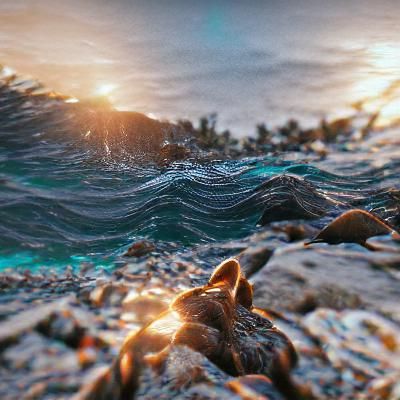 Stray Dog on Rocky Beach at Sunset