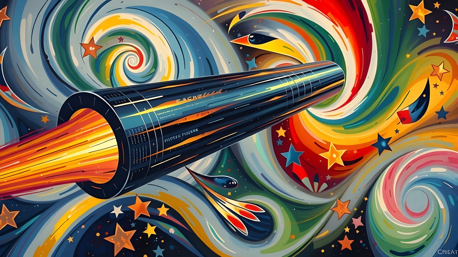 Sleek Cylinder with Iridescent Exhaust in a Cosmic Vortex