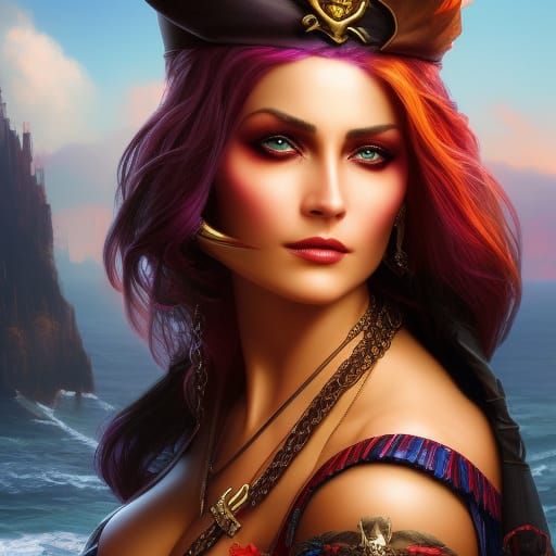 Steampunk Pirate Woman in Surreal Oil Painting Style