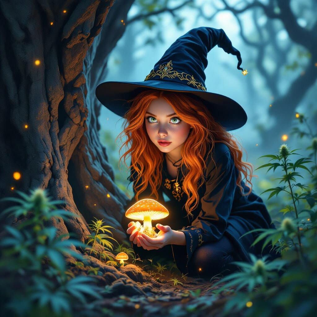Enchanted Forest Witch with Glowing Mushroom