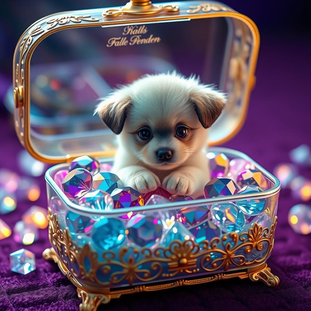 Puppy Guarding Jewels in Surrealist Style