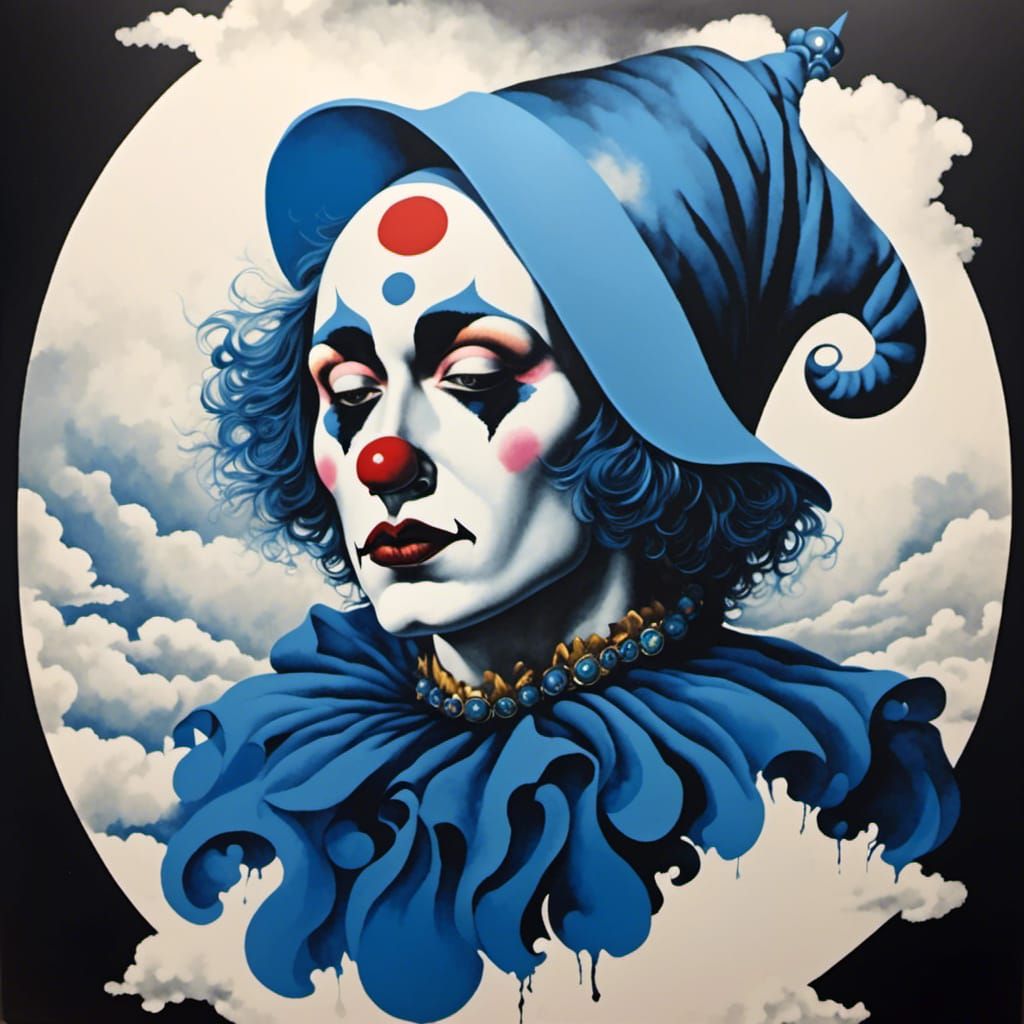 Moon Clown in Jester Hat: Gouache Ink Print