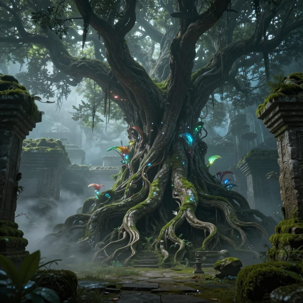 Ancient Tree Roots Glow Over Mossy Temple Ruins