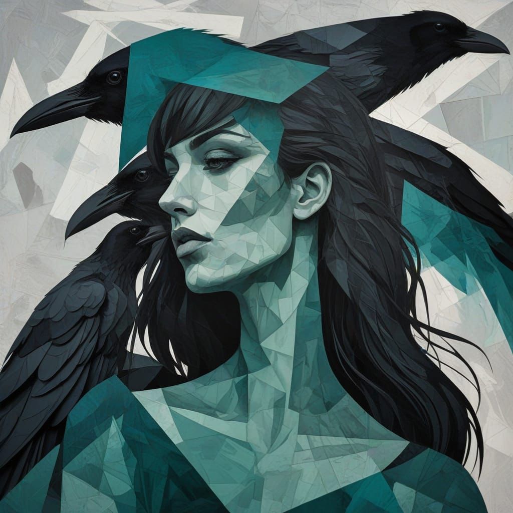 Cubist Double Exposure: Woman and Ravens
