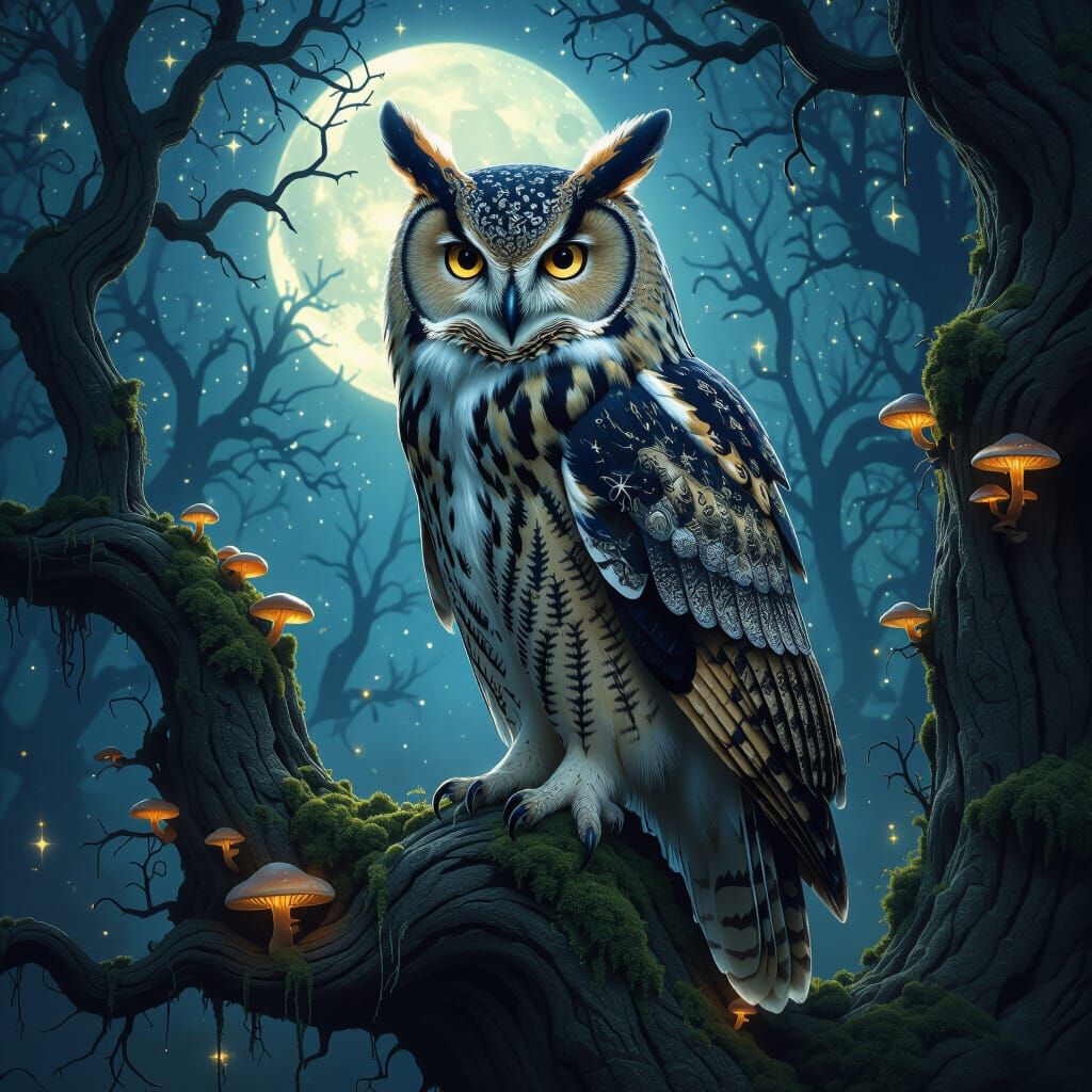 Majestic Owl With Rune Feathers in Mystical Forest