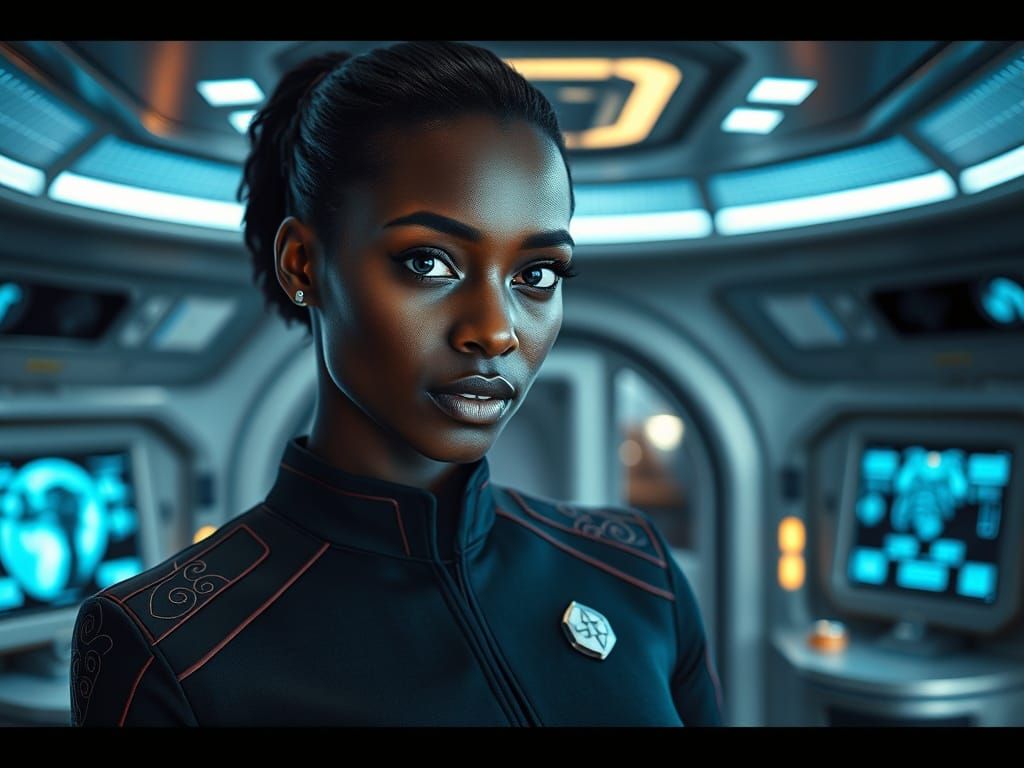 African-French Starfleet Officer in Futuristic Starship Infi...