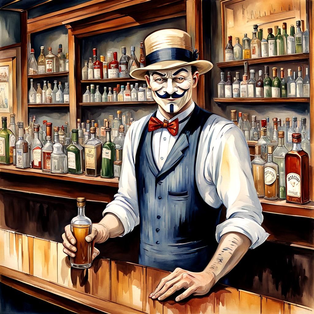 Humorous 1920s Bartender in Watercolor Style