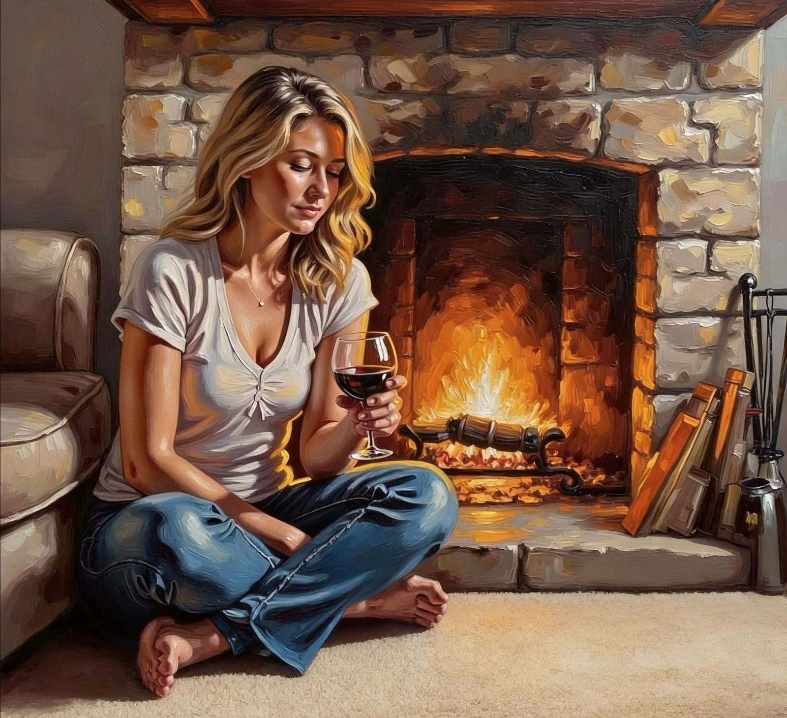 Mother's Quiet Moment by Firelight