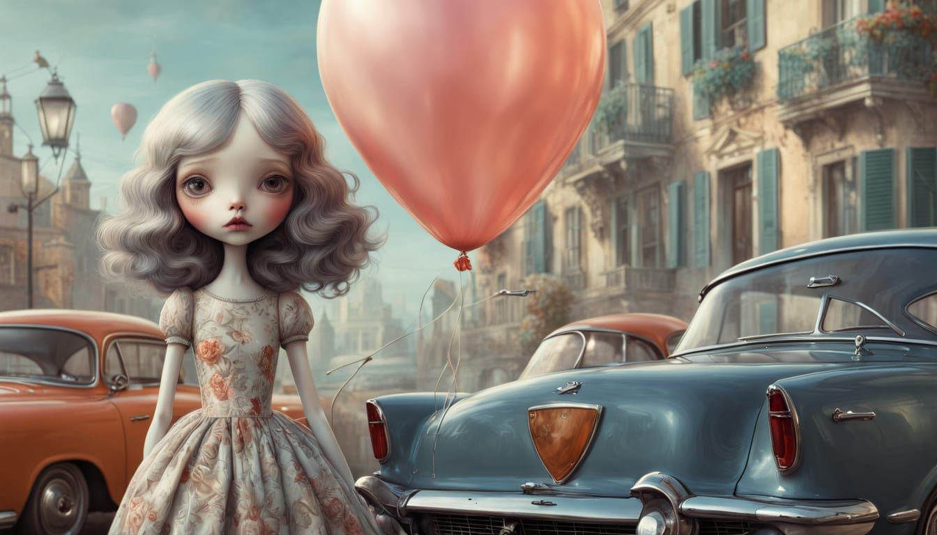 Surreal Figure Hugs Balloon Fish with Whimsical Details