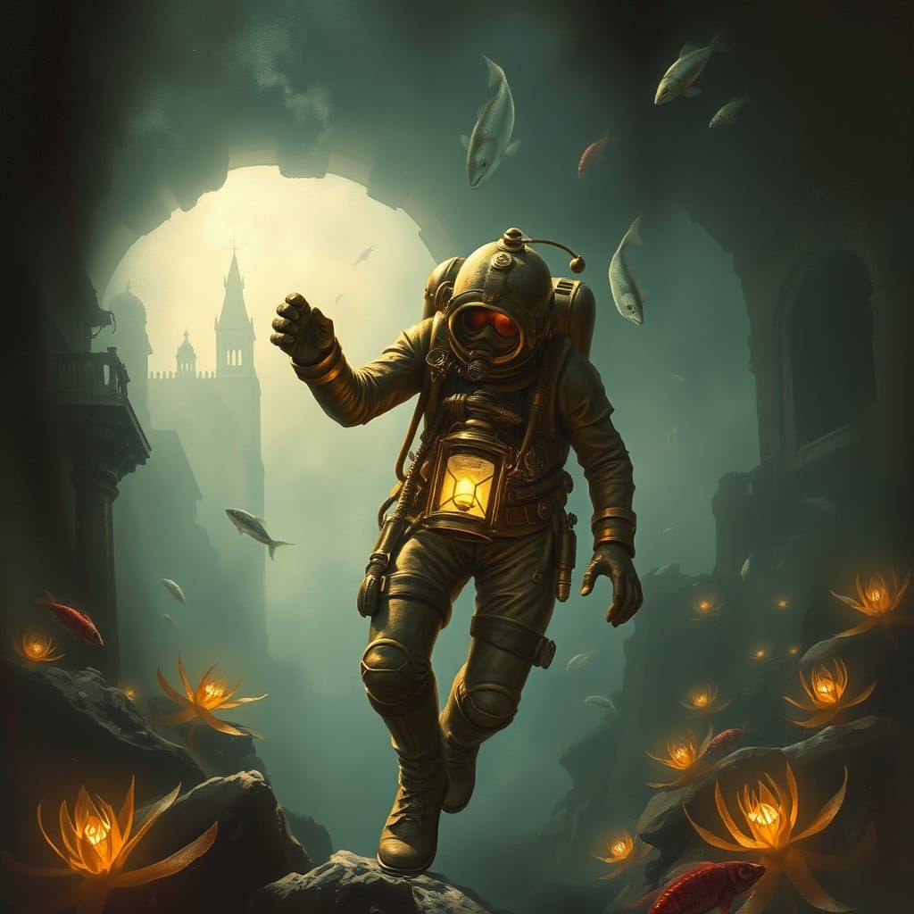 Steampunk Diver Explores Sunken City Ruins