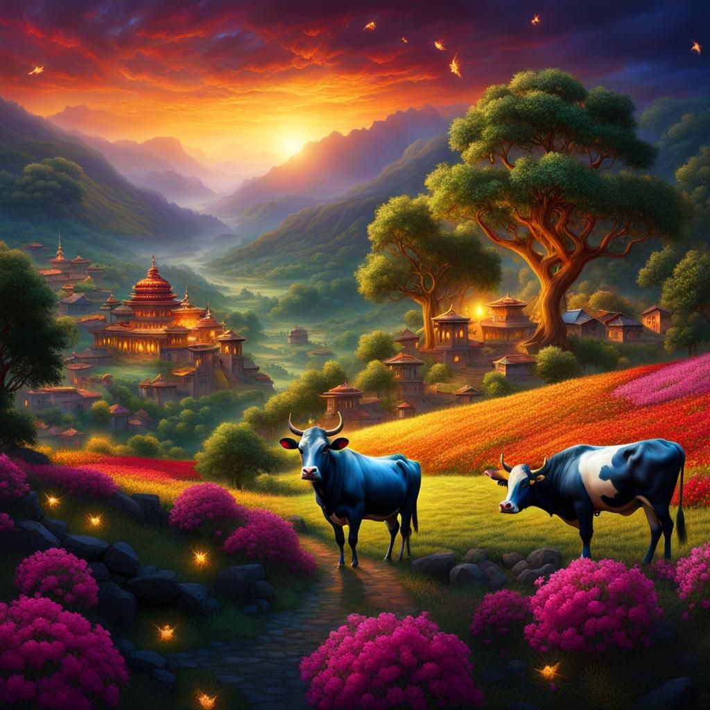 Indian Utopia: Ornate Cows in Jewel-Toned Forest