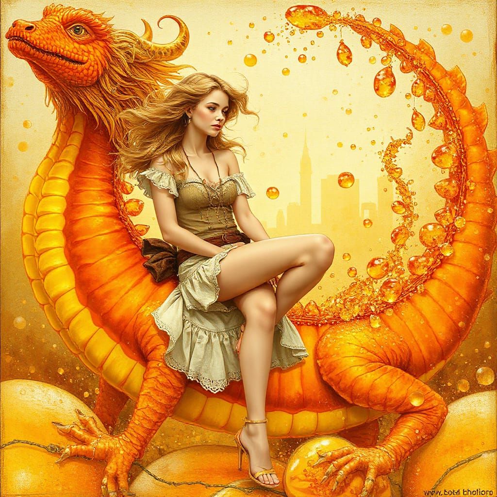 Woman on Gummy Dragon in Effervescent Soda Sea