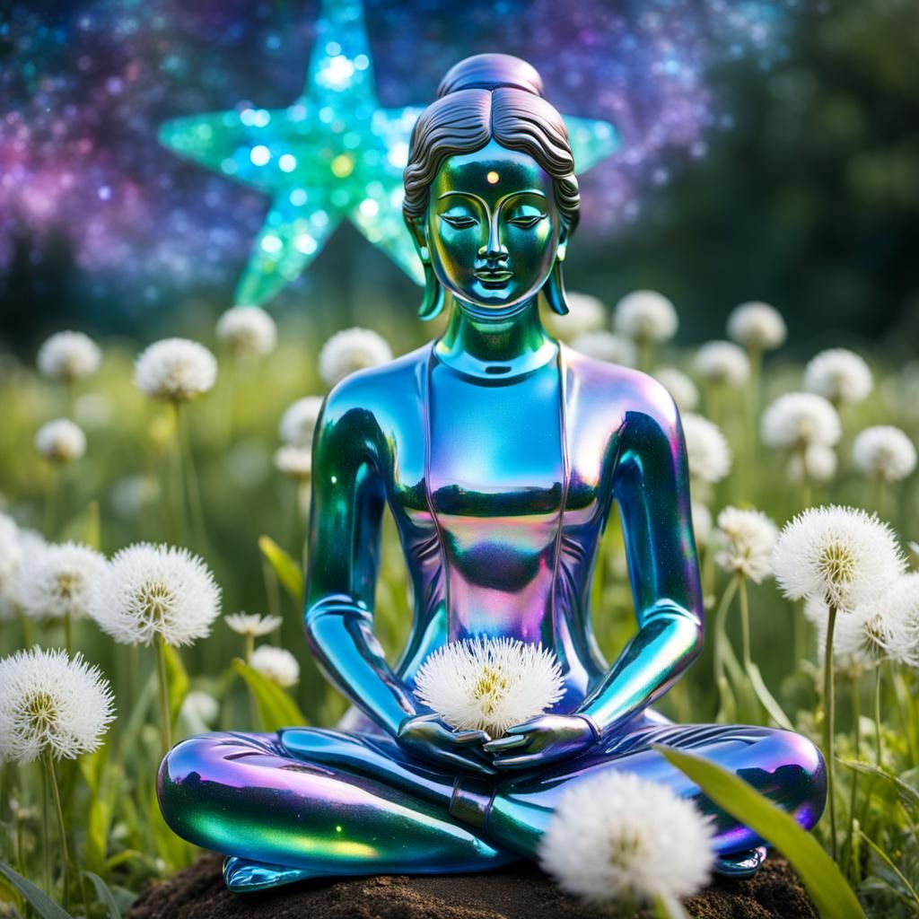 Iridescent Glass Goddess in Dandelion Meadow
