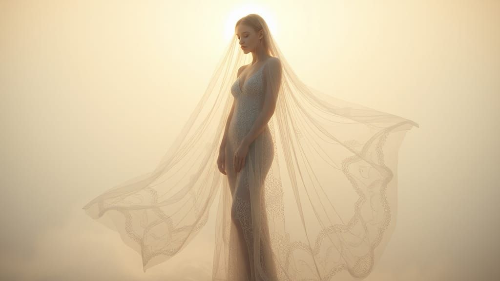 Ethereal Woman in Dreamlike Gown, Shrouded in Light
