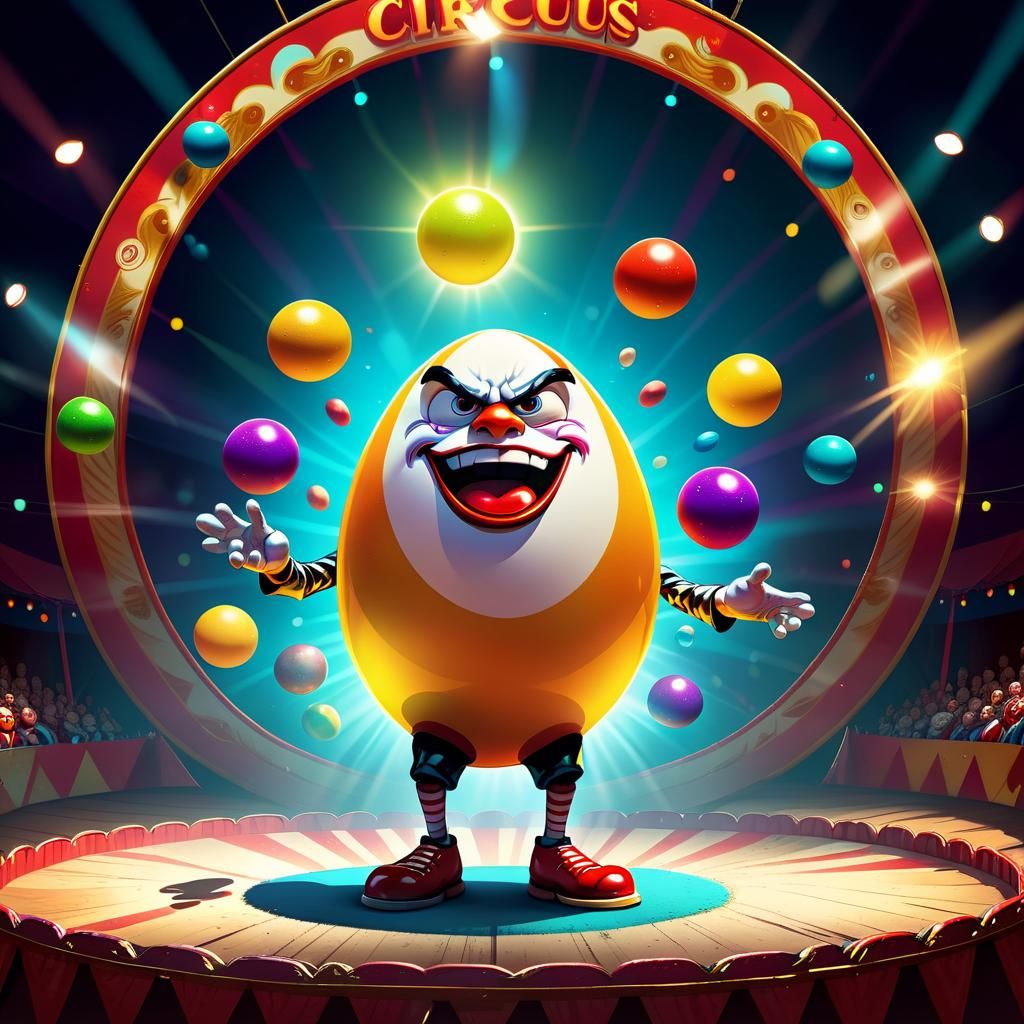 Anthropomorphic Egg Juggler in Vibrant Digital Art