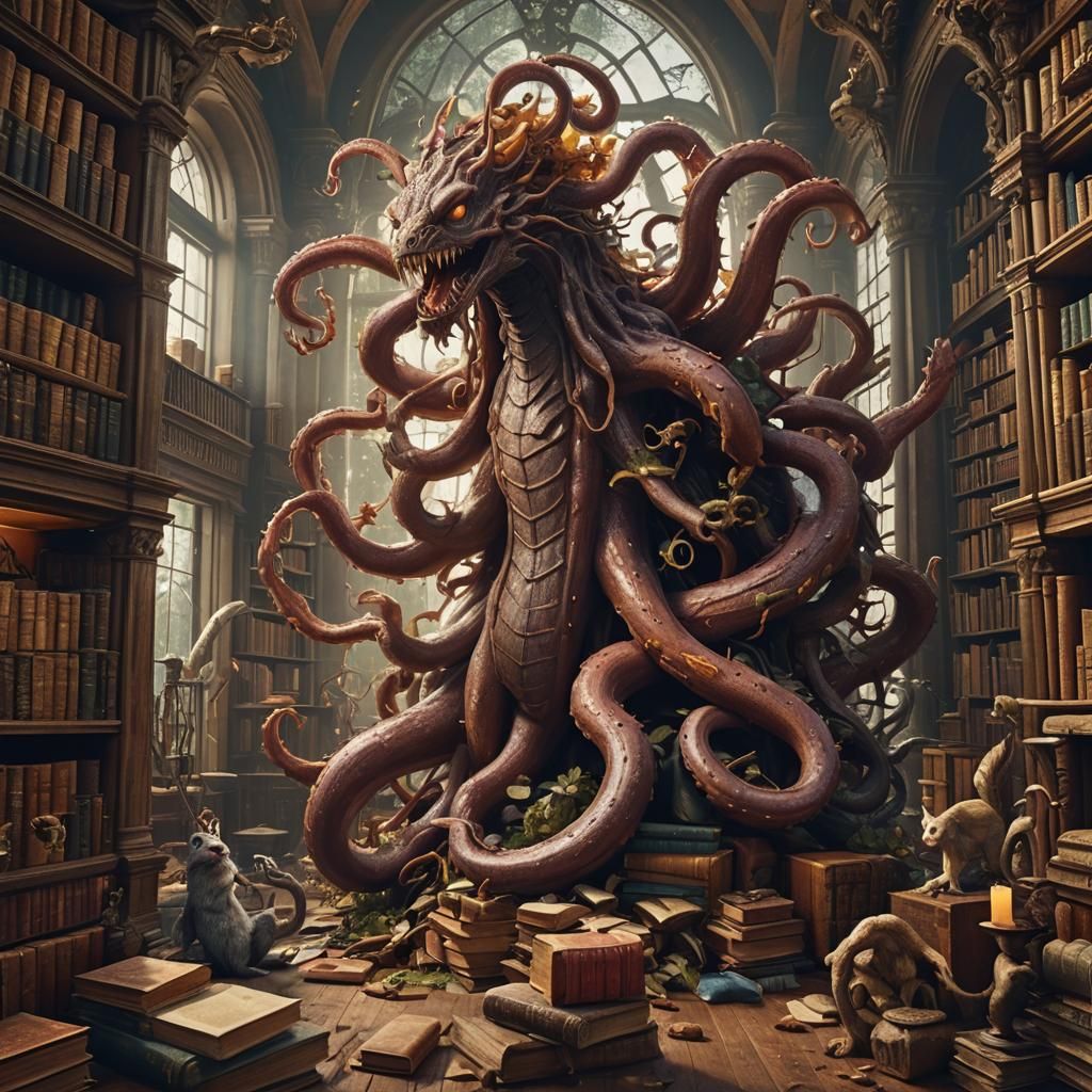 Tentacle Monster in Library Attacked by Squirrels