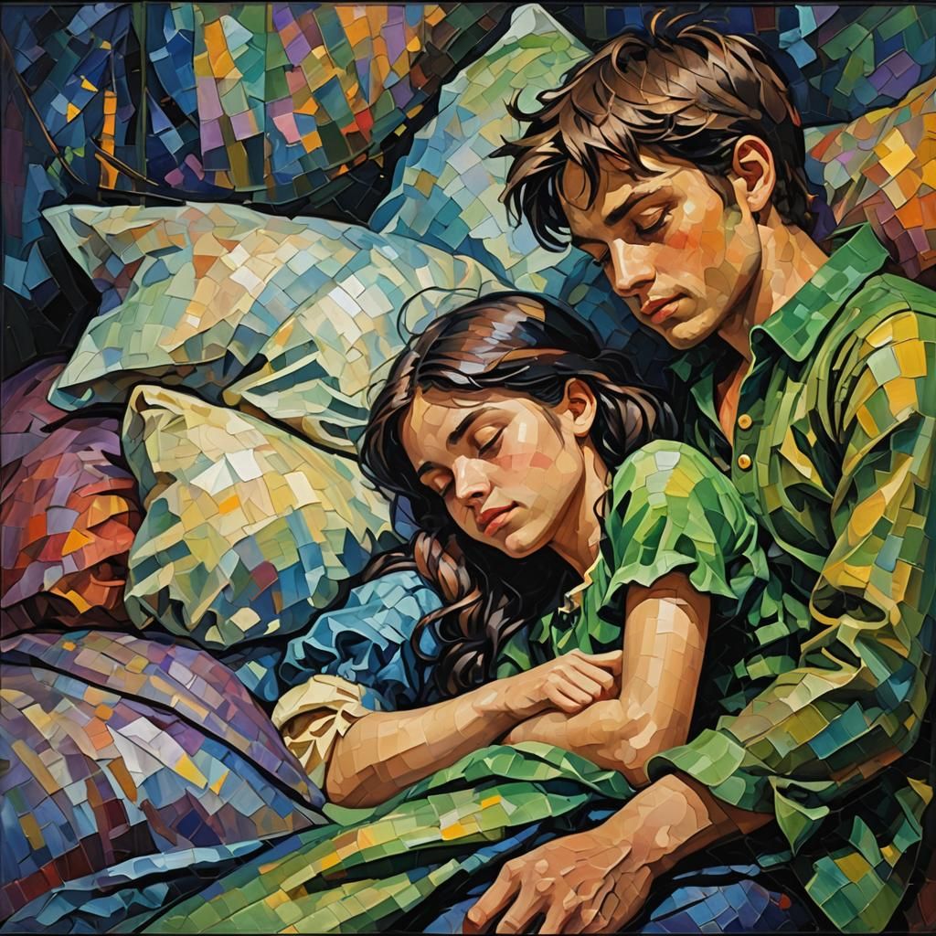 Peter Pan Protects Sleeping Girl: Expressionist Oil Painting