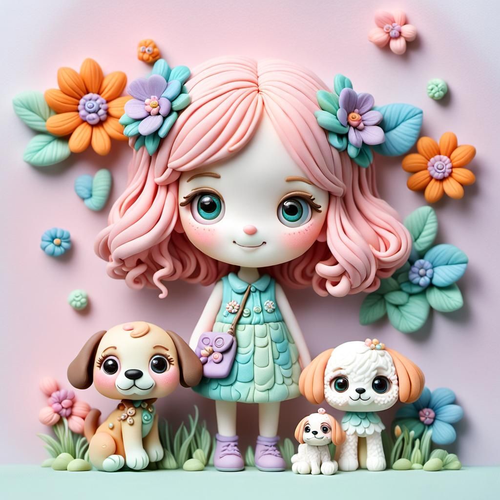 Polymer Clay Girl and Puppy Sculpture
