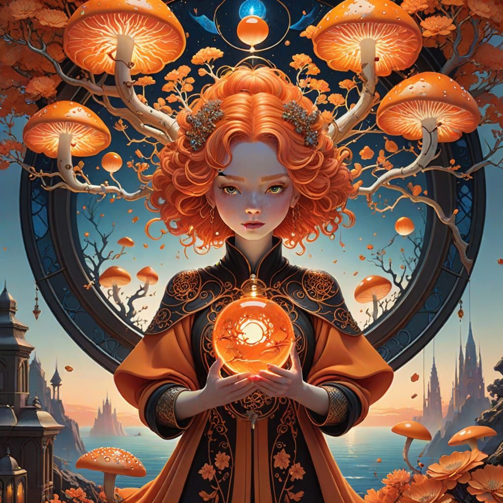 Mystical Orange Goddess in Enchanted Dreamscape