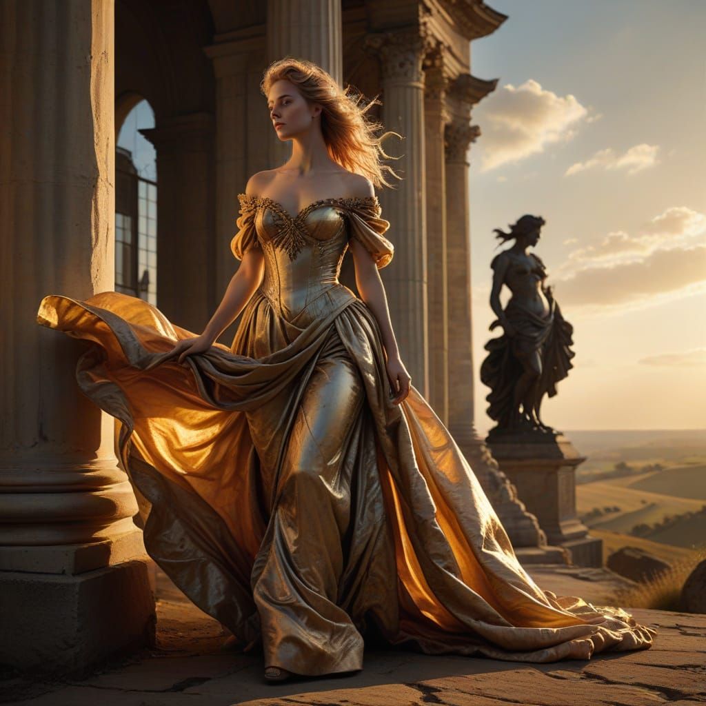 Baroque Model in Gown on Windswept Plain