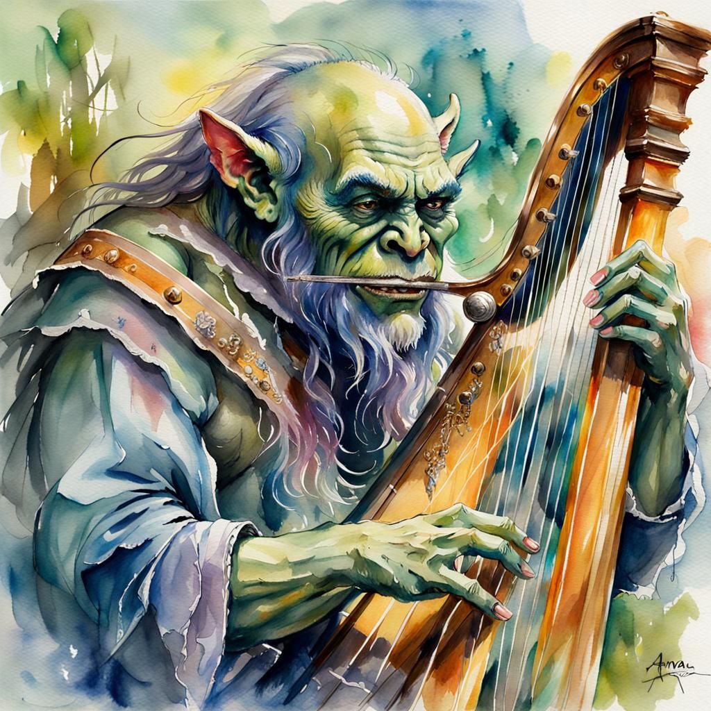 Orc Plays Harp in Watercolour Fantasy Style
