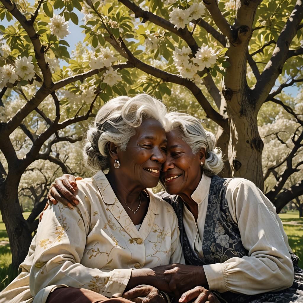 Eternal Love: Two Women Under Blooming Apple Tree