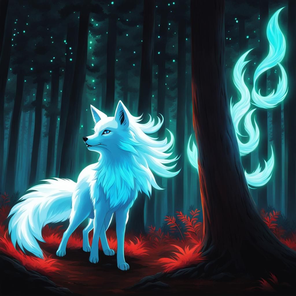 Nine-Tailed Fox with Glowing Aura in Forest