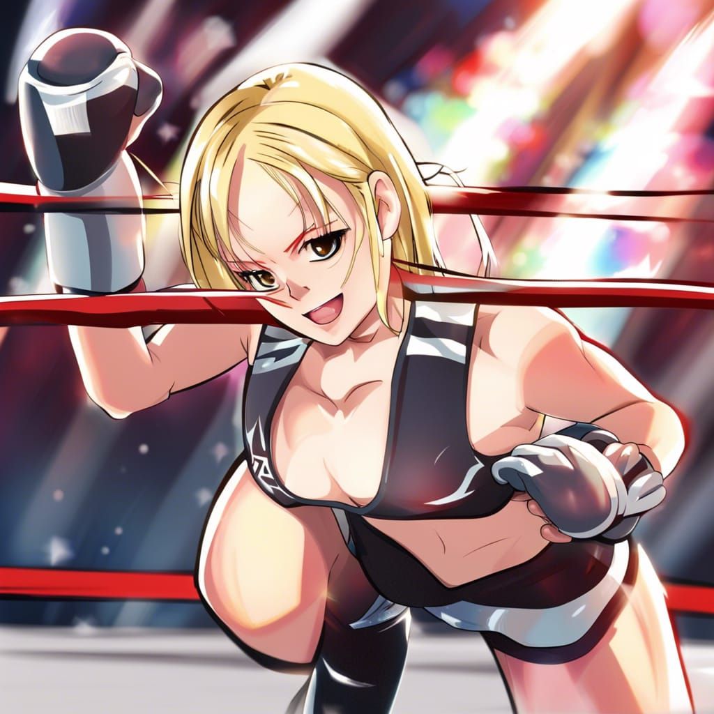Anime Style Blonde WWE Champion in Boxing Ring