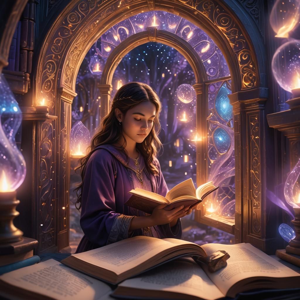 Girl Reading Portal Book, Matte Painting
