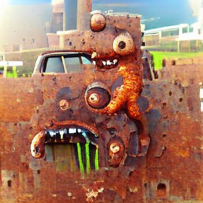 Menacing Rust Monster in Junkyard
