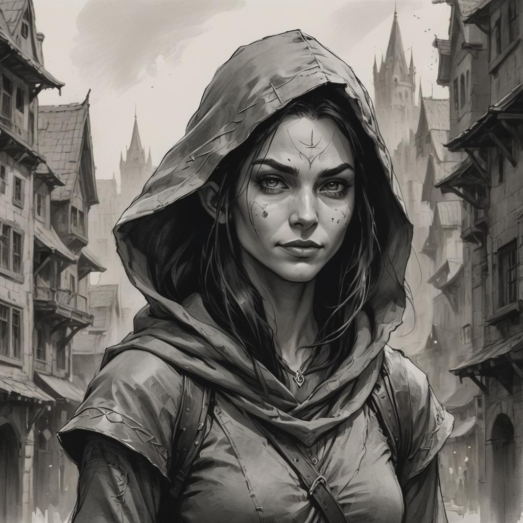 Elven Rogue Portrait in Charcoal Style