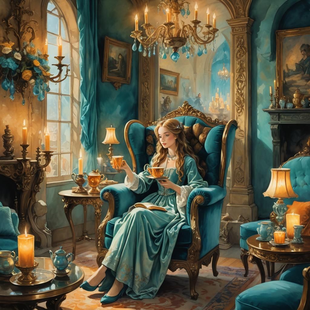 Whimsical Interior with Tea in Watercolor Style