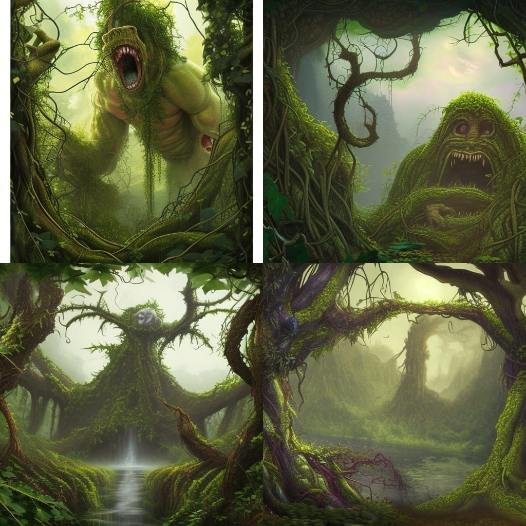 Vine Monster's Ticklish Torment in Detailed Matte Painting