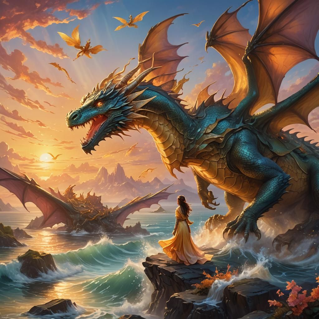 Princess on Dragon Soaring Over Sunset Sea