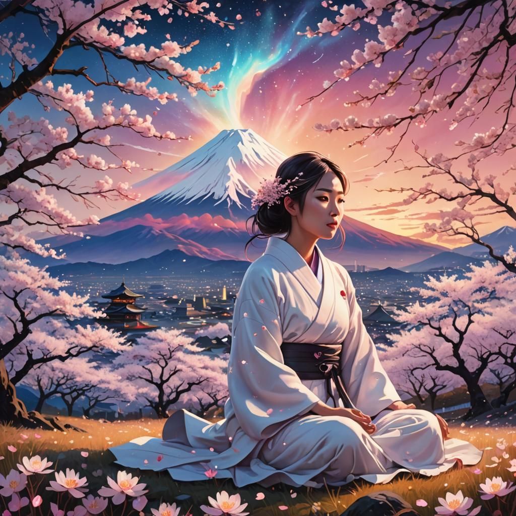 Cosmic Dreamscape: Japanese Girl in Cherry Blossom Field