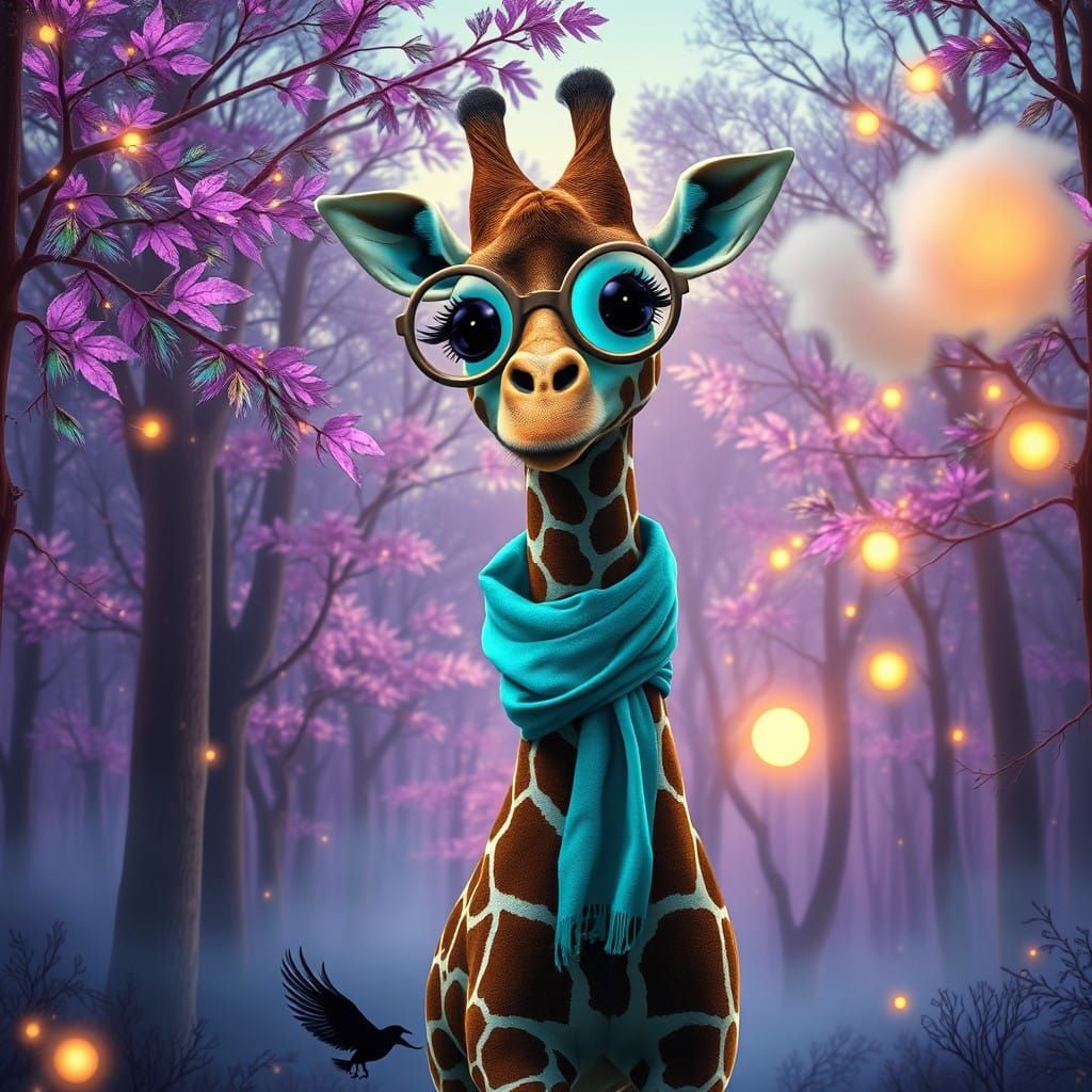 Mystical Giraffe Roams Dreamy Bioluminescent Forest at Dusk