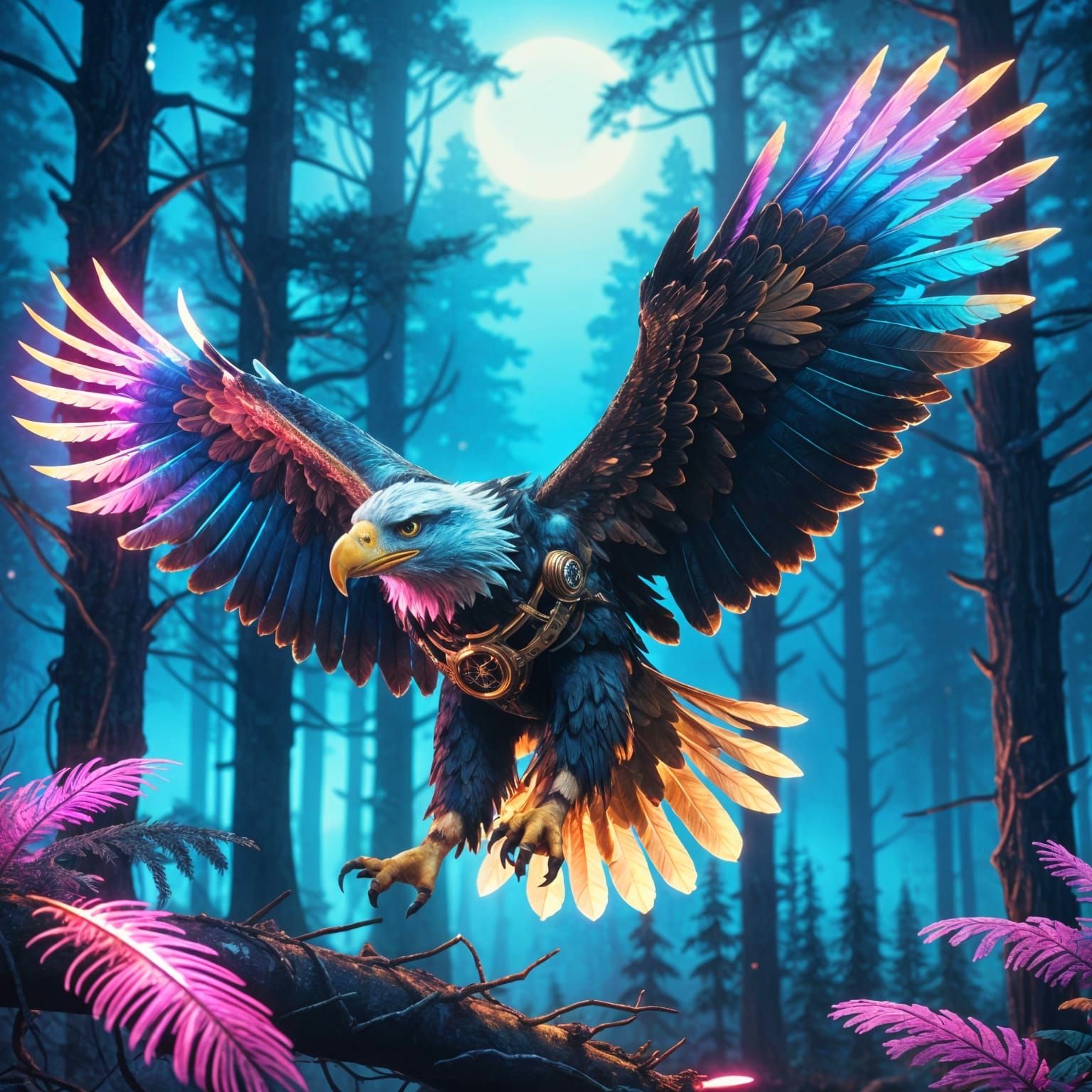 Steampunk Clockwork Eagle Soaring Through Neon Forest