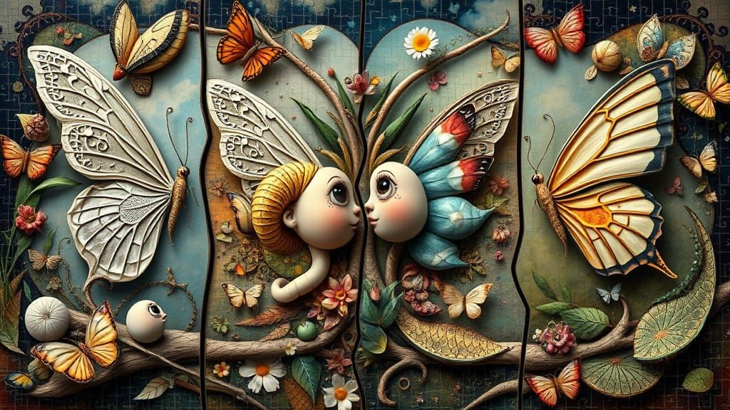 Surrealist Bio Art Collage of Four-Stage Life Cycle Transfor...