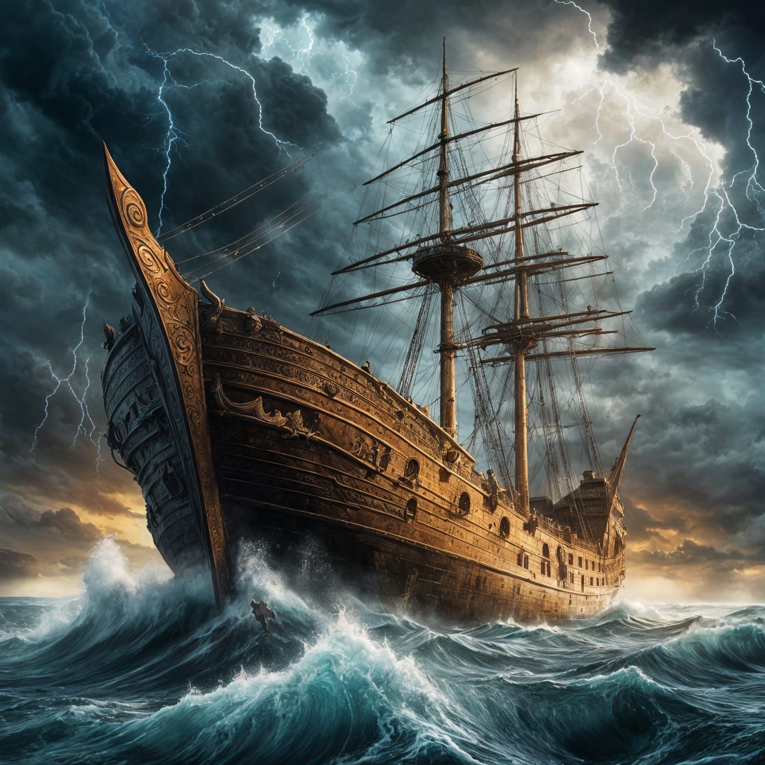 Colossal Ship Navigates Stormy Horizon in Digital Painting S...